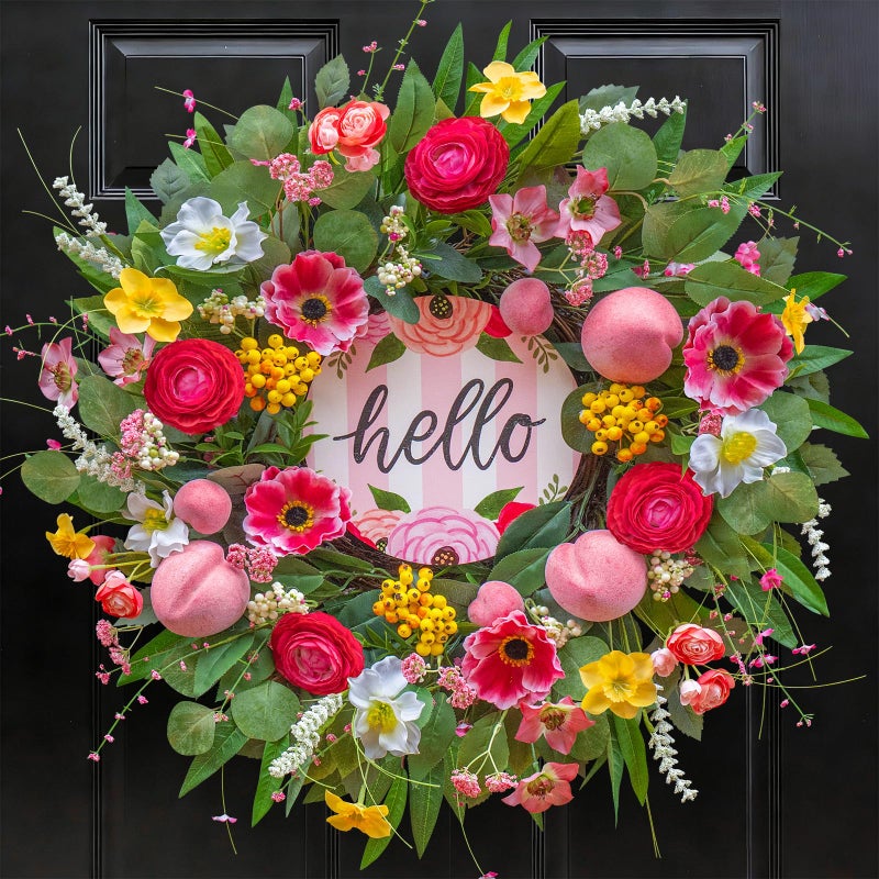 wreathqueen Spring Wreaths for Front Door 24 Inch with Hello Sign,Artificial Summer Wreath with Pink Roses,Cherry Blossom,Peach and Berries,Indoor and Outdoor Wreath for Farmhouse Wall Home Porch Decor - Image 1