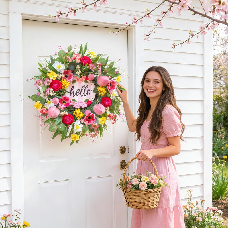 wreathqueen Spring Wreaths for Front Door 24 Inch with Hello Sign,Artificial Summer Wreath with Pink Roses,Cherry Blossom,Peach and Berries,Indoor and Outdoor Wreath for Farmhouse Wall Home Porch Decor - Image 4