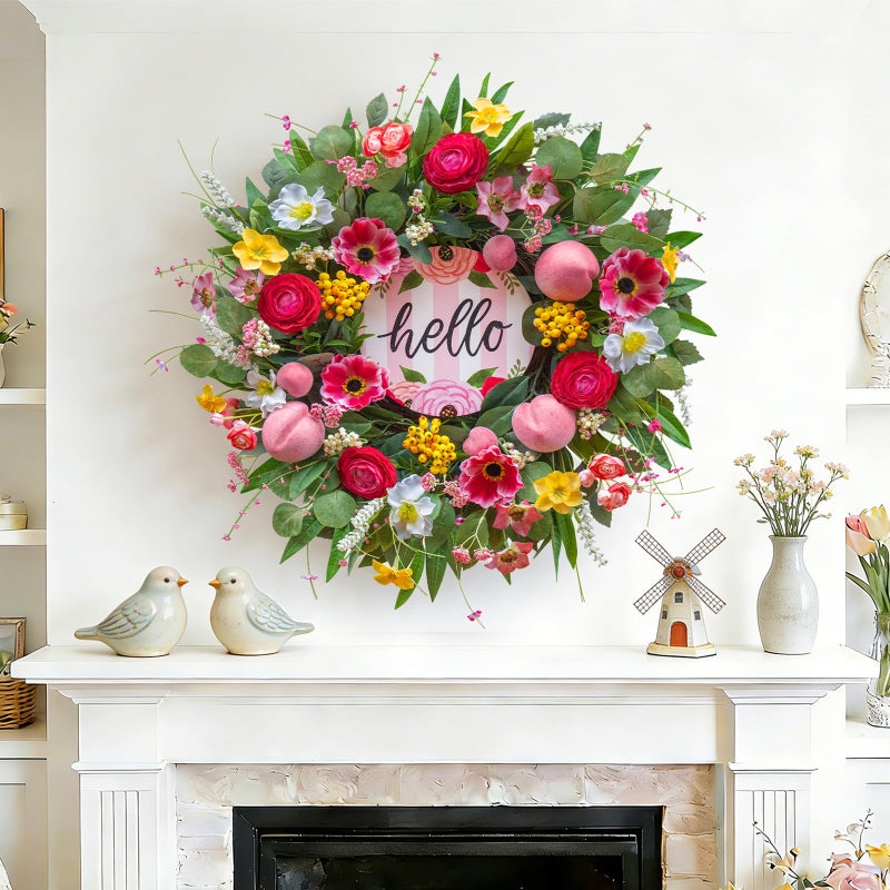 wreathqueen Spring Wreaths for Front Door 24 Inch with Hello Sign,Artificial Summer Wreath with Pink Roses,Cherry Blossom,Peach and Berries,Indoor and Outdoor Wreath for Farmhouse Wall Home Porch Decor - Image 5