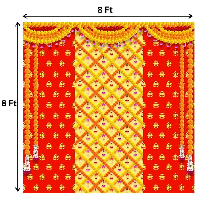 Dhara Creation Red Lotus Decoration 8FT8FT Backdrop Cloth for Pooja Decoration Traditional Background Curtain  - Image 2