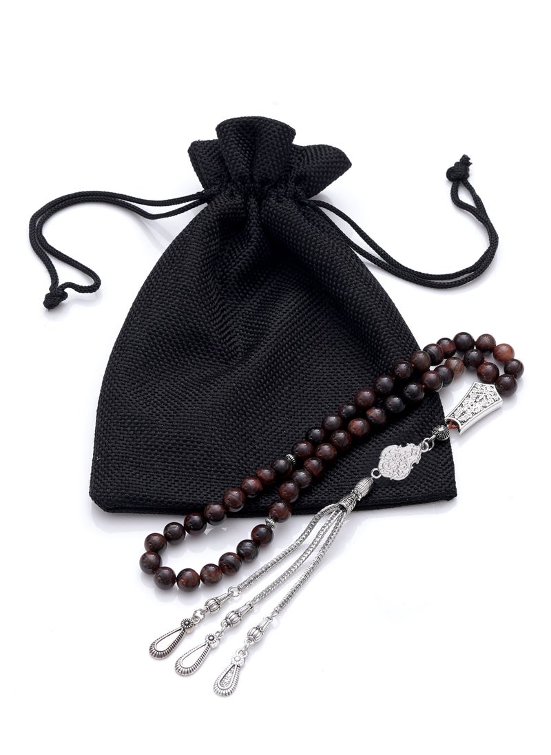 Subhati Prayer Beads (Misbah ) with metal Parts and Red Tiger Eye Stone | 8 MM Beads - 45 Pcs | ya rahmunu ya rahim  - Image 3