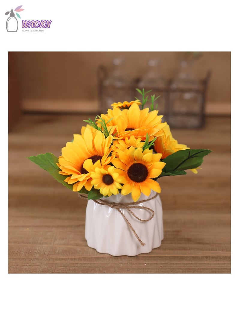 WAOKN Artificial Silk Sunflower with Ceramic Vase Yellow Helianthus with Green Leaves Handmade Artificial Flowers High Appearance Level Creative Gift  for Home Decoration Office Party  Wedding Bunch  - Image 1