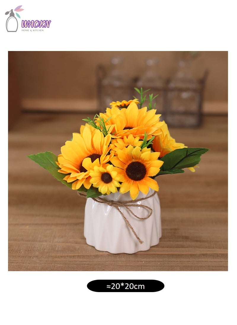 WAOKN Artificial Silk Sunflower with Ceramic Vase Yellow Helianthus with Green Leaves Handmade Artificial Flowers High Appearance Level Creative Gift  for Home Decoration Office Party  Wedding Bunch  - Image 2
