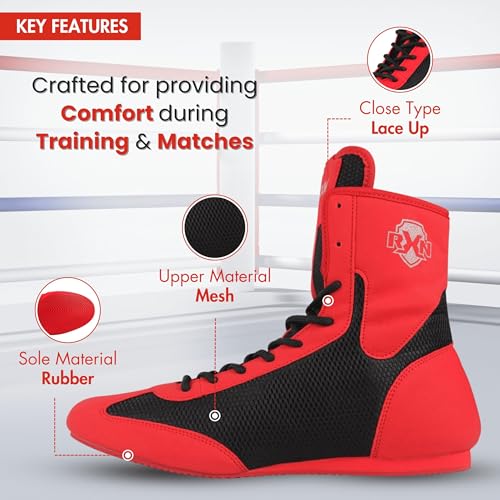 RXN Boxing Shoes for Men and Women Lace Up Non Slip Rubber Sole Lightweight Mid High Top | BX-17 High Top Boxing Boots for Men & Women (Black/Red, 7) - Image 3