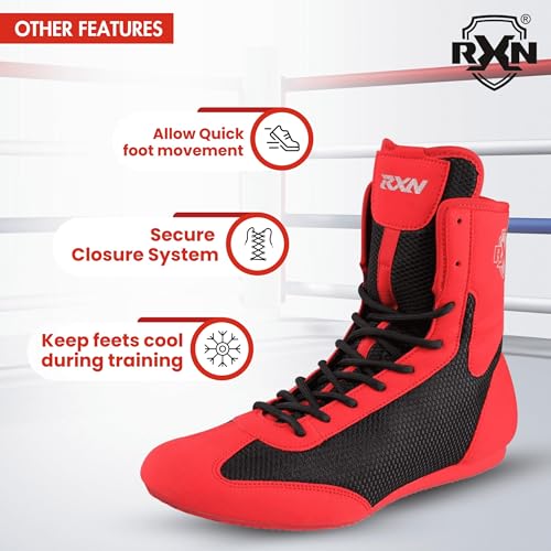 RXN Boxing Shoes for Men and Women Lace Up Non Slip Rubber Sole Lightweight Mid High Top | BX-17 High Top Boxing Boots for Men & Women (Black/Red, 7) - Image 5
