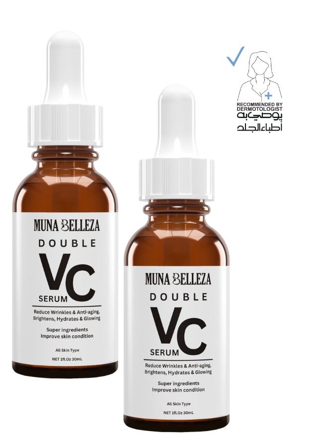 Muna Belleza Double Vitamin C Face Serum for Wrinkle Reduction, Anti-Aging, Brightening, Hydration & Glowing Skin with Hyaluronic Acid, Collagen, Suitable for All Skin Types - Pack 2 - Image 1