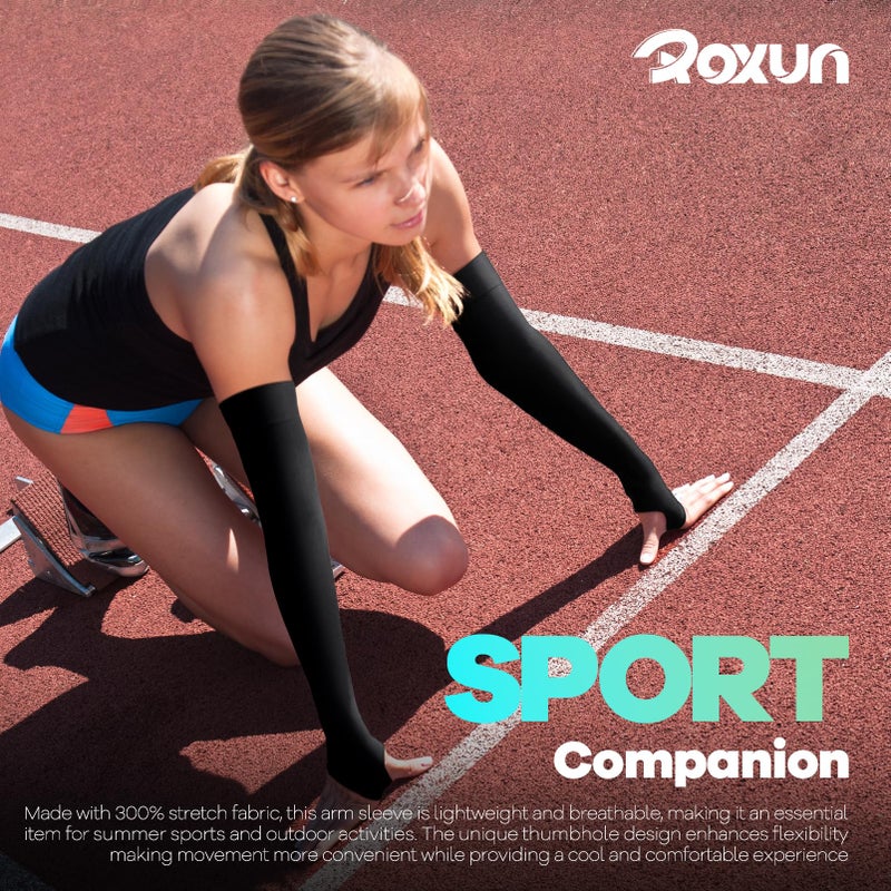ROXUN 2 Pairs Arm Sleeves with Thumb Hole, Cooling UV Protection Compression Tattoo Cover Up for Men/Women Black+Purple - Image 2