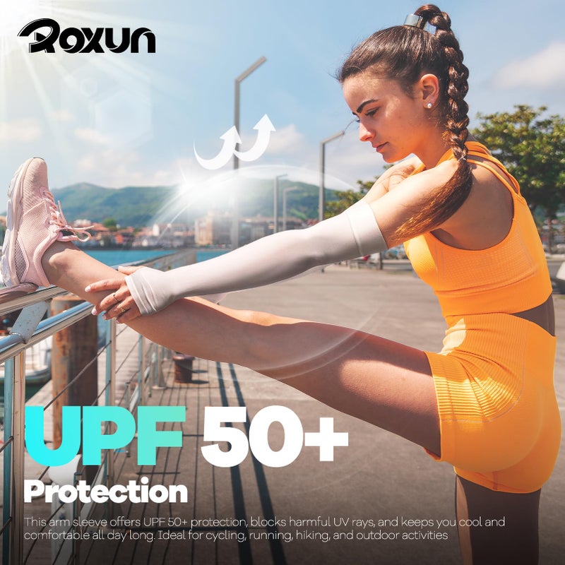 ROXUN 2 Pairs Arm Sleeves with Thumb Hole, Cooling UV Protection Compression Tattoo Cover Up for Men/Women Black+Purple - Image 3
