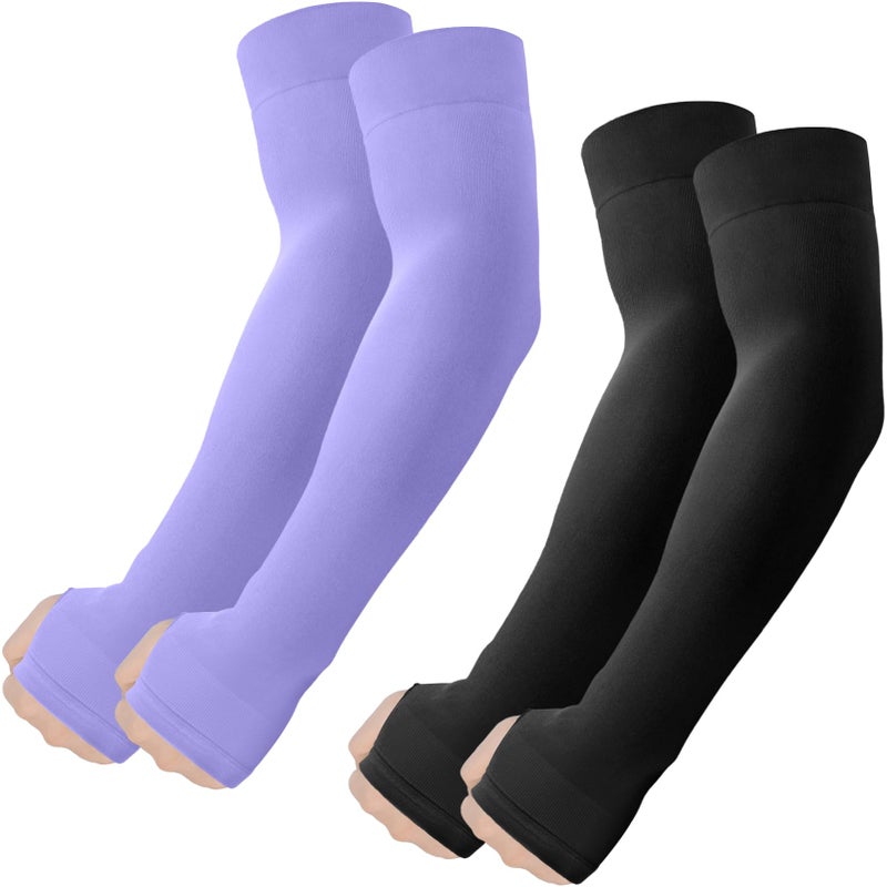 ROXUN 2 Pairs Arm Sleeves with Thumb Hole, Cooling UV Protection Compression Tattoo Cover Up for Men/Women Black+Purple - Image 1