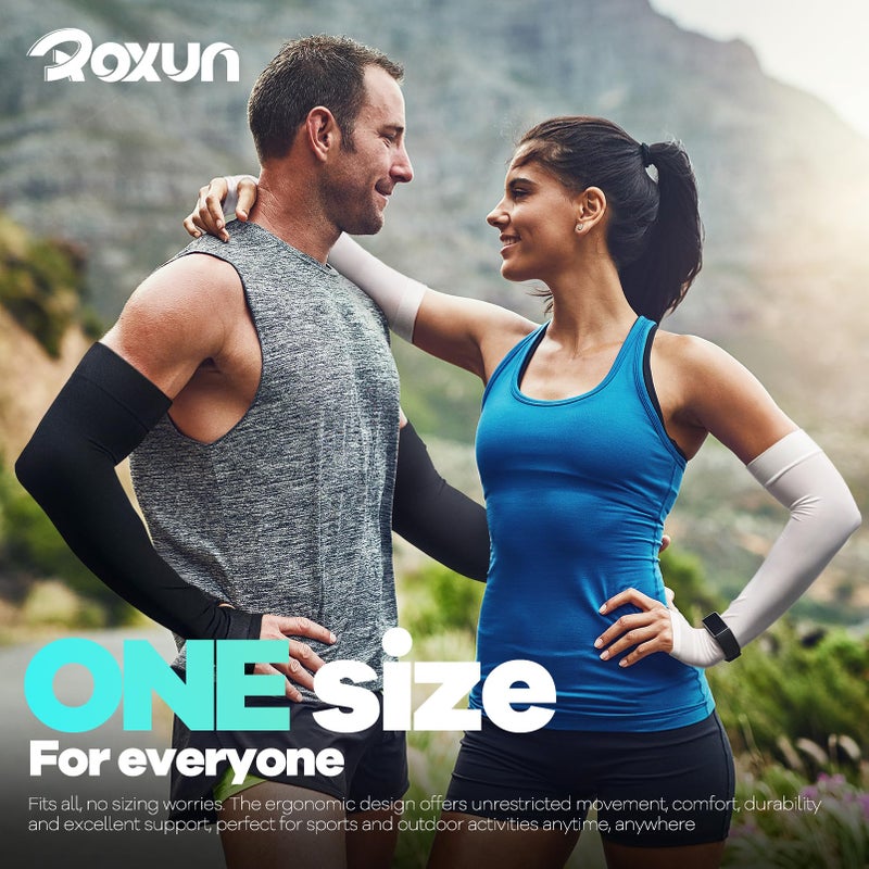 ROXUN 2 Pairs Arm Sleeves with Thumb Hole, Cooling UV Protection Compression Tattoo Cover Up for Men/Women Black+Purple - Image 4