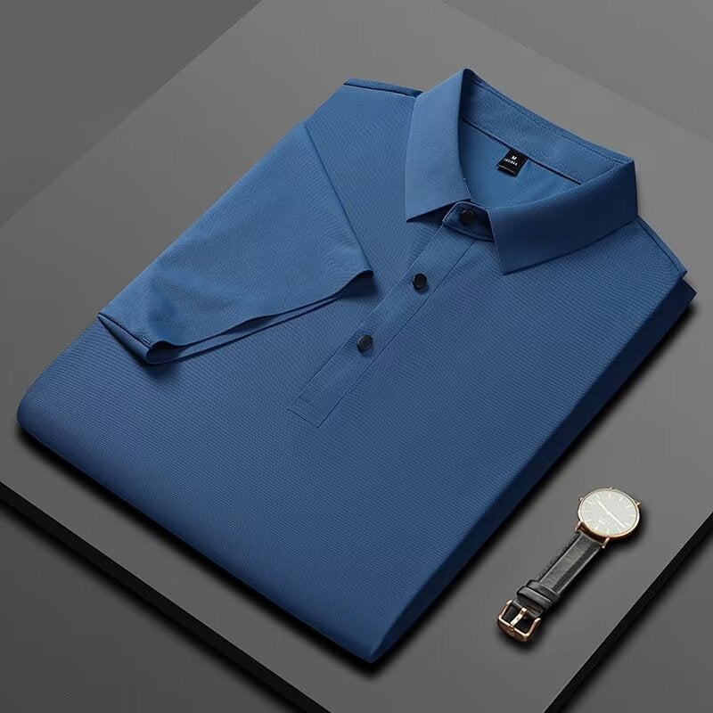 2024 Summer Mens Ice Silk Seamless Polo Tee Peacock Blue  - Image 2