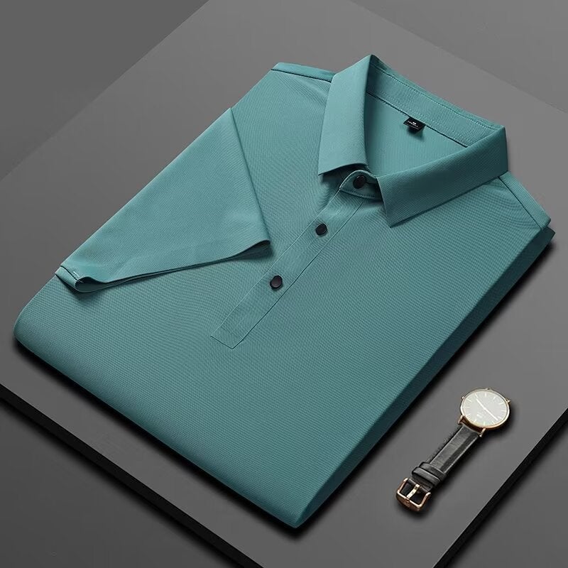 2024 Summer Mens Ice Silk Seamless Polo Tee Peacock Blue  - Image 1