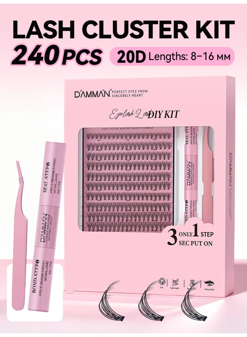D'AMMA'N 240PCS 20D Cluster False Eyelashes, DIY Individual Lash Extension Kit, D Curl, Mixed Lengths 8-16mm, Soft Natural Wispy Lash Look, Bond & Seal Glue, Tweezers & Applicator, Beginner Friendly, Easy to Apply at Home - Image 1