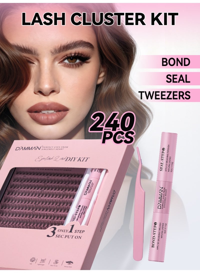 D'AMMA'N 240PCS 20D Cluster False Eyelashes, DIY Individual Lash Extension Kit, D Curl, Mixed Lengths 8-16mm, Soft Natural Wispy Lash Look, Bond & Seal Glue, Tweezers & Applicator, Beginner Friendly, Easy to Apply at Home - Image 2