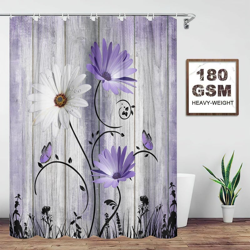 Grey and Purple White Daisy Shower Curtains, Watercolor Rustic Floral Waterproof Fabric Wildflower Bathroom Shower Curtain with 12 Hooks 72x72 Inch (180cm-180cm) - Image 5