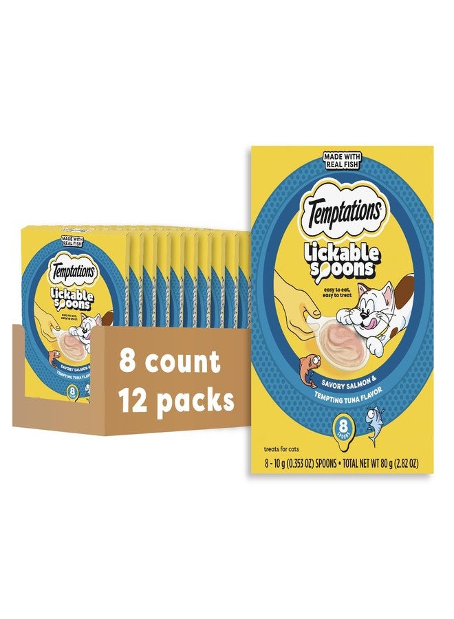 تيمبتيشنز ملاعق تمبتيشنز القابلة لللعق، مكافآت رطبة للقطط البالغة، بنكهة السلمون اللذيذة والتونة الشهية، 10 غرامات، عبوة من 12 ملعقة (96 ملعقة إجمالاً) - Image 1