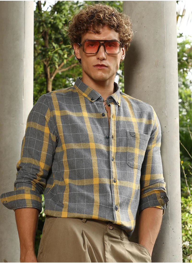Campus Sutra Campus Sutra Men's Moon Grey & Lemon Yellow Bi-Check Regular Shirt For Casual Wear | Spread Collar | Long Cuffed Sleeves | Button Closure | Shirt Crafted With Comfort Fit For Everyday Wear