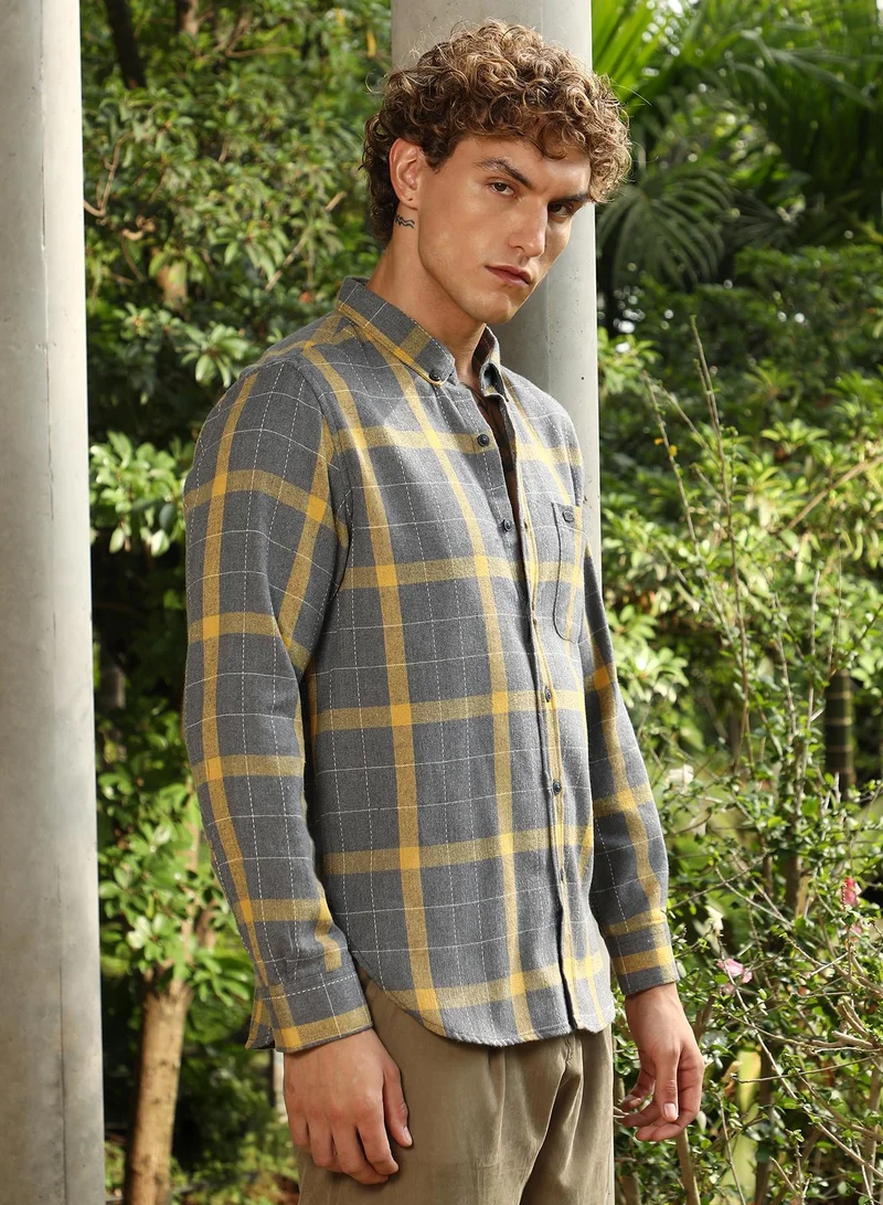 Campus Sutra Campus Sutra Men's Moon Grey & Lemon Yellow Bi-Check Regular Shirt For Casual Wear | Spread Collar | Long Cuffed Sleeves | Button Closure | Shirt Crafted With Comfort Fit For Everyday Wear