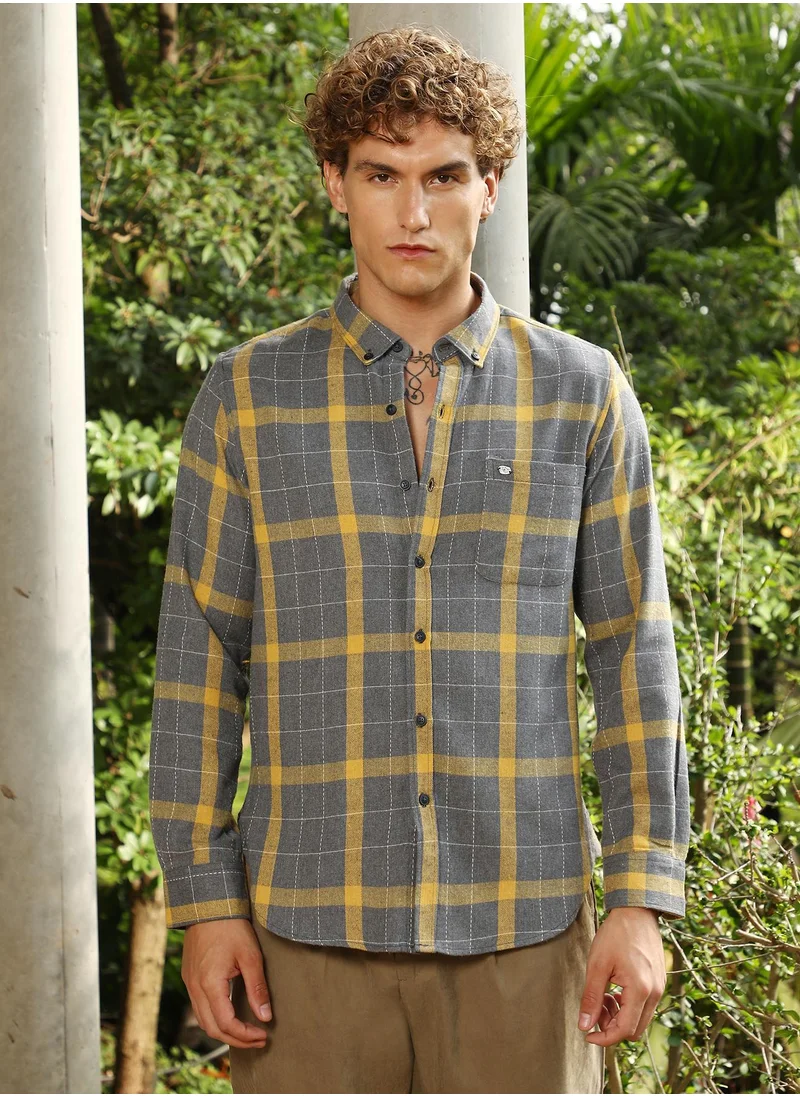 Campus Sutra Campus Sutra Men's Moon Grey & Lemon Yellow Bi-Check Regular Shirt For Casual Wear | Spread Collar | Long Cuffed Sleeves | Button Closure | Shirt Crafted With Comfort Fit For Everyday Wear