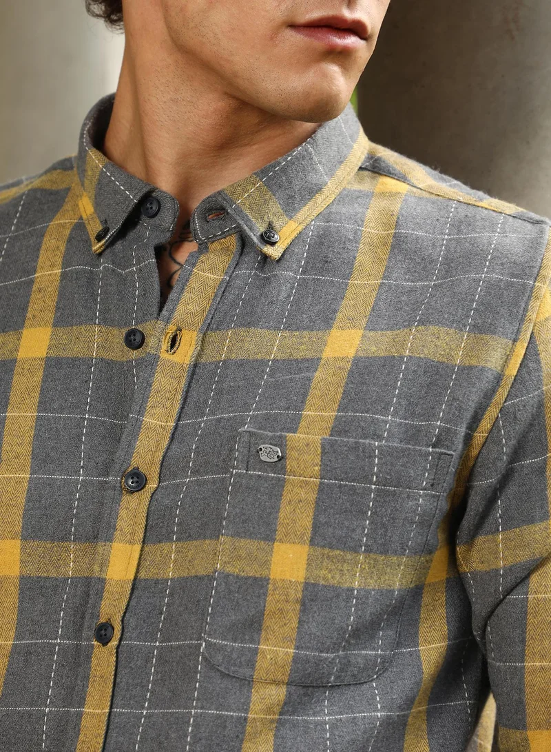 Campus Sutra Campus Sutra Men's Moon Grey & Lemon Yellow Bi-Check Regular Shirt For Casual Wear | Spread Collar | Long Cuffed Sleeves | Button Closure | Shirt Crafted With Comfort Fit For Everyday Wear