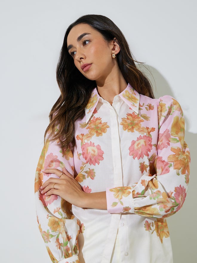 Styli Off White Placement Print Balloon Sleeve Shirt - Image 3