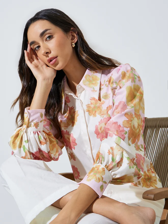 Styli Styli Off White Placement Print Balloon Sleeve Shirt