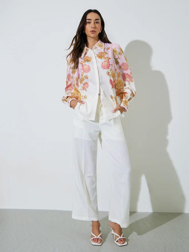 Styli Styli Off White Placement Print Balloon Sleeve Shirt