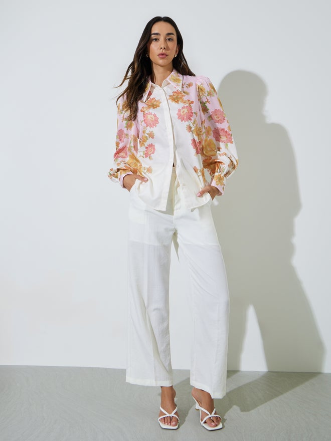 Styli Off White Placement Print Balloon Sleeve Shirt - Image 2