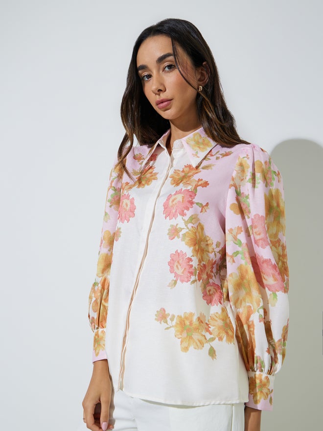 Styli Off White Placement Print Balloon Sleeve Shirt - Image 4