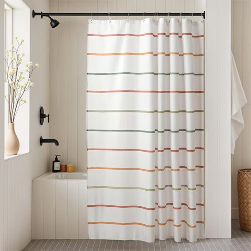 Treory Kids Boho Shower Curtain Set with Hooks Minimalist HandDrawn Soft Pastel Stripes in Warm Earth Tones Waterproof Fabric Shower Curtain for Modern Farmhouse Bathroom 72 x 72 - Image 1
