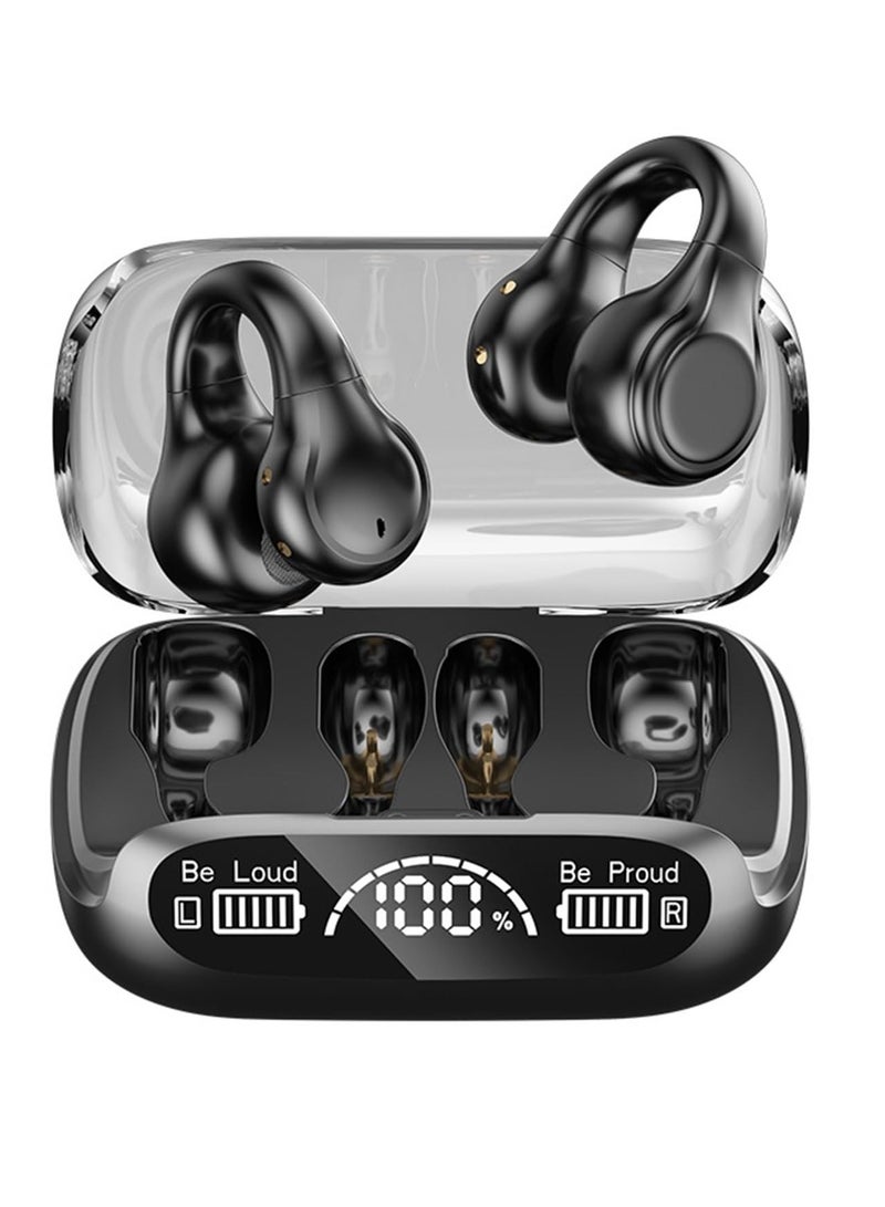 Excefore Wireless Ear Clip Bone Conduction Headphones, Bluetooth 5.3 Waterproofs Open Ear Headphones, Open Sport Bone Earbuds, with Digital Display Charging Case, for Running, Walking, Workout (Black) - Image 1