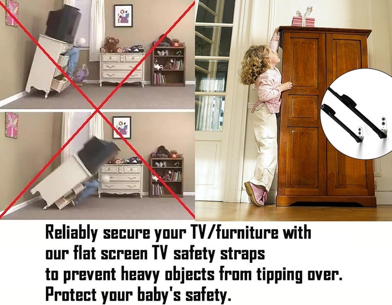 Adjustable Antitip TV Straps Safety for Flat Screen Heavy Duty Dual Cable Metal Anchor for Baby Proofing  Pet Protecting AntiTip TV and Furniture Anchor Straps kit 2 Straps - Image 2