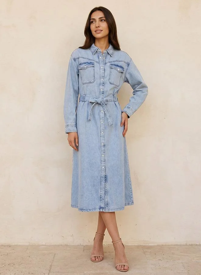 Splash FAV Denim Shirt Midi Length Cotton Dress with Belt