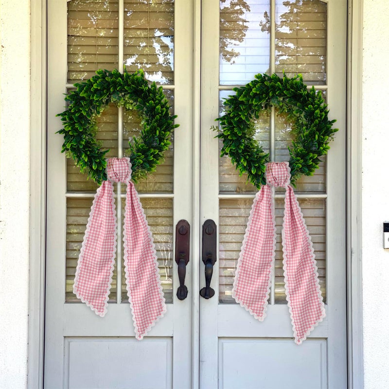 DYSHAYEN Wreath Sash for Front Door,Canvas RIC Rac Trim Wreath Accessories for Yard Doorway Indoor Outdoor Bridal Shower Xmas Home (Pink Gingham-White Trim) - Image 4