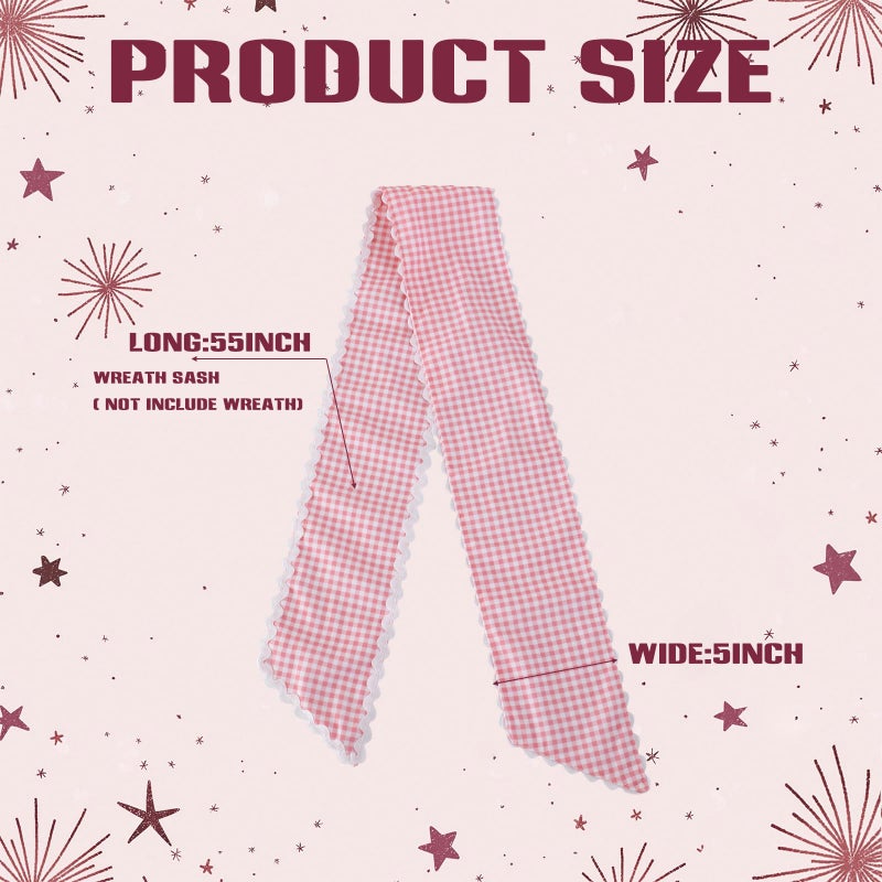 DYSHAYEN Wreath Sash for Front Door,Canvas RIC Rac Trim Wreath Accessories for Yard Doorway Indoor Outdoor Bridal Shower Xmas Home (Pink Gingham-White Trim) - Image 3