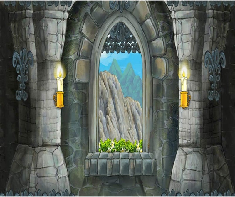 Laeacco لاييكو 10x8 قدم خلفية تصوير فينيل كرتونية لقلعة قديمة مع نافذة حجرية ريفية وشموع وزهور وجبال بعيدة للأطفال والرضع وتصوير المناظر الطبيعية وديكور الاستوديو - Image 4