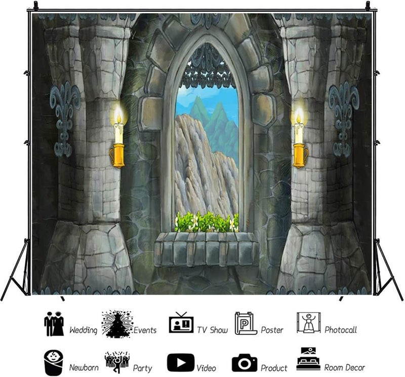 Laeacco لاييكو 10x8 قدم خلفية تصوير فينيل كرتونية لقلعة قديمة مع نافذة حجرية ريفية وشموع وزهور وجبال بعيدة للأطفال والرضع وتصوير المناظر الطبيعية وديكور الاستوديو - Image 3