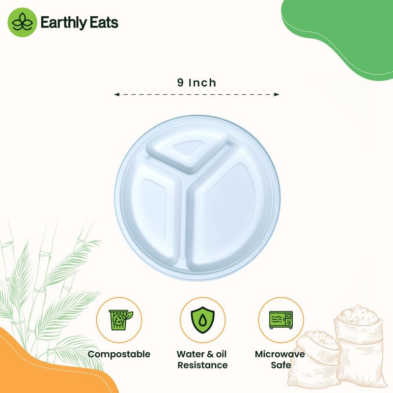 Earthly Eats 9 inch 100 Pack 3Compartment Disposable Bagasse Plates EcoFriendly Biodegradable Sugarcane Bagasse Plates for Serving Snacks Birthday Wedding Party Round White 23 cm - Image 2