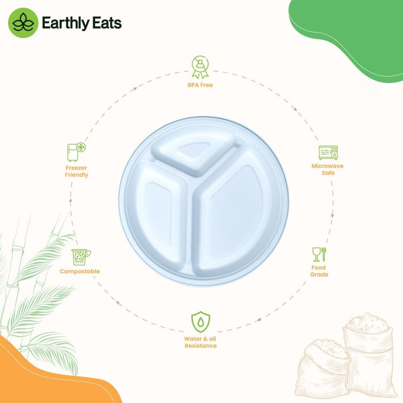 Earthly Eats 9 inch 100 Pack 3Compartment Disposable Bagasse Plates EcoFriendly Biodegradable Sugarcane Bagasse Plates for Serving Snacks Birthday Wedding Party Round White 23 cm - Image 4