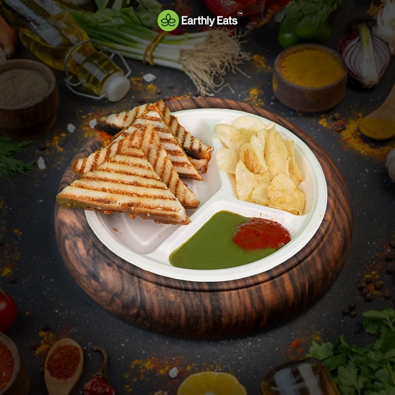 Earthly Eats 9 inch 100 Pack 3Compartment Disposable Bagasse Plates EcoFriendly Biodegradable Sugarcane Bagasse Plates for Serving Snacks Birthday Wedding Party Round White 23 cm - Image 3