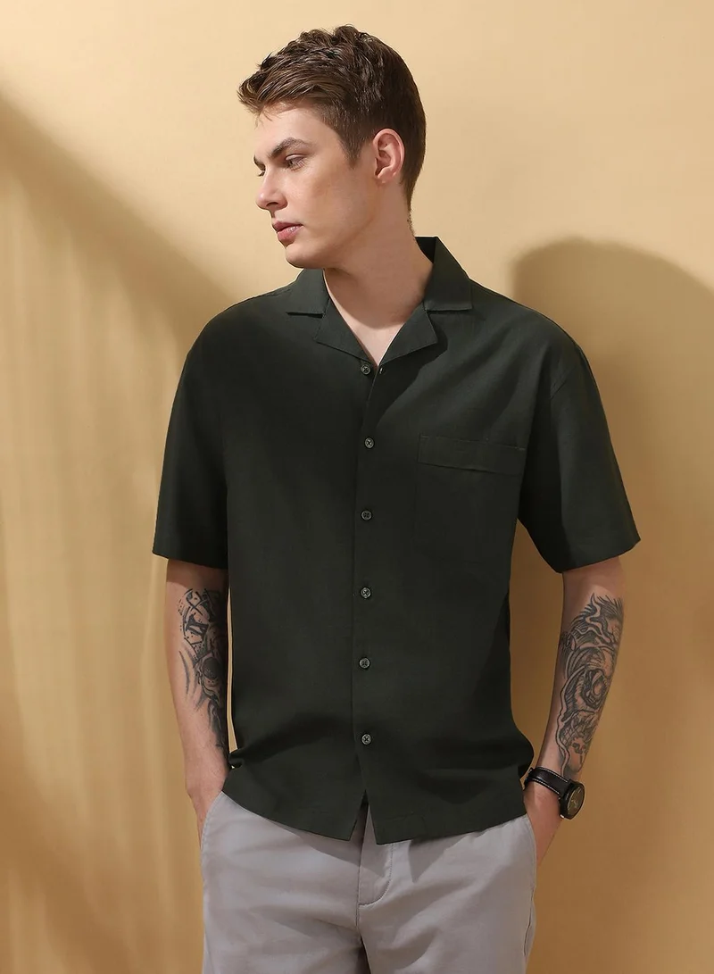 Men's Dark Olive Cotton Blend Textured Button Down Relaxed Shirt