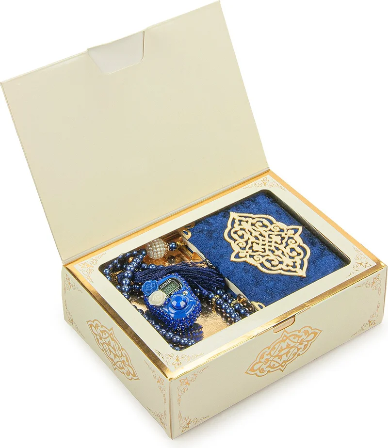 İhvan Online Ihvan Online Dark Blue Stone Zikirmatik - Pocket Size Arabic Yasin-I Sharif - Pearl Prayer Beads Hajj Umrah Gift Set