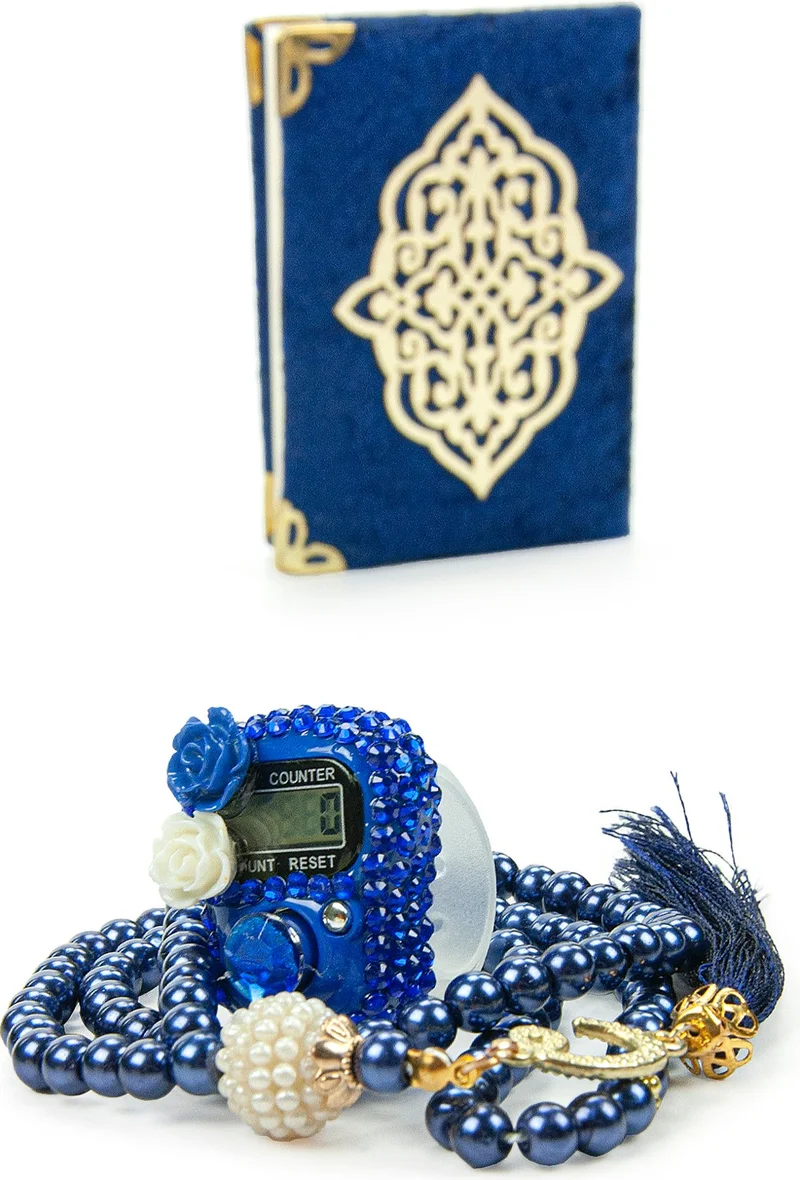 İhvan Online Ihvan Online Dark Blue Stone Zikirmatik - Pocket Size Arabic Yasin-I Sharif - Pearl Prayer Beads Hajj Umrah Gift Set
