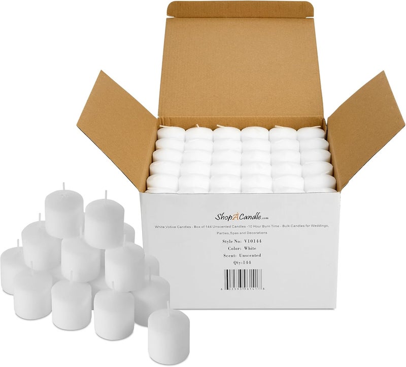 PARNOO Bulk Pack of 144 White Votive Candles - Box of 144 Unscented Candles - 10 Hour Burn Time - Bulk Candles for Weddings, Parties, Spas and Decorations - Image 1