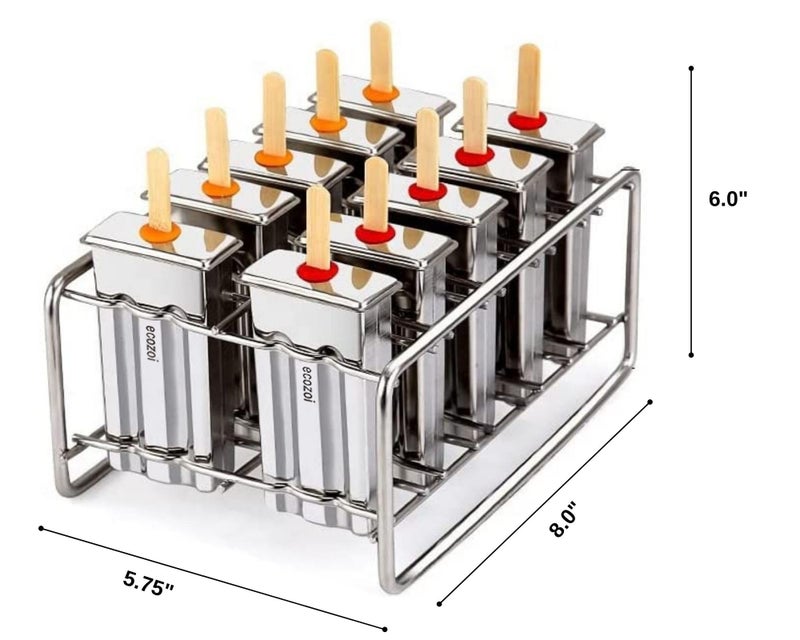 ecozoi Stainless Steel Popsicle Molds and Rack - 10 Square Ice Pop Makers + 50 Reusable Bamboo Sticks + 20 Silicone Seals + 1 Cleaning Brush + 1 Rack - Image 1
