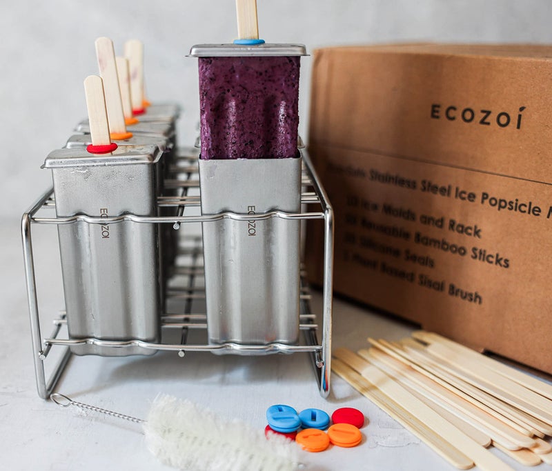 ecozoi Stainless Steel Popsicle Molds and Rack - 10 Square Ice Pop Makers + 50 Reusable Bamboo Sticks + 20 Silicone Seals + 1 Cleaning Brush + 1 Rack - Image 4