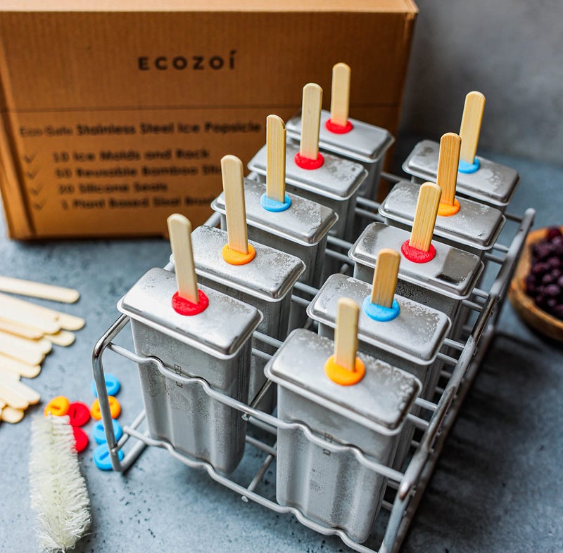 ecozoi Stainless Steel Popsicle Molds and Rack - 10 Square Ice Pop Makers + 50 Reusable Bamboo Sticks + 20 Silicone Seals + 1 Cleaning Brush + 1 Rack - Image 3