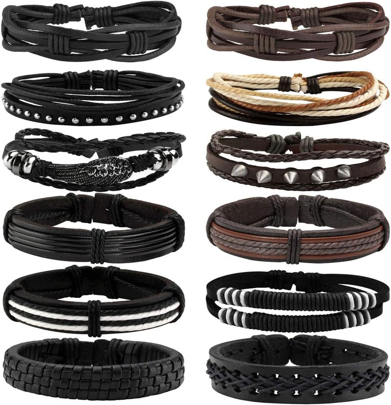 Mafnee Store Manfnee 6-12PCS Braided Faux Leather Bracelet Punk Cuff Wrap Bracelets for Men Women Adjustable - Image 1