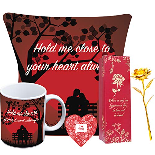 Next Bazaar Fiber Valentine Day Gift Combo Hold Me Close Pillow Cushion Cover With Filler(12 X 12) Mug 330 Ml And 1 Artificial Flower- Gifts For Girlfriend-Boyfriend-Wife-Husband Farewell Gift, Red - Image 1
