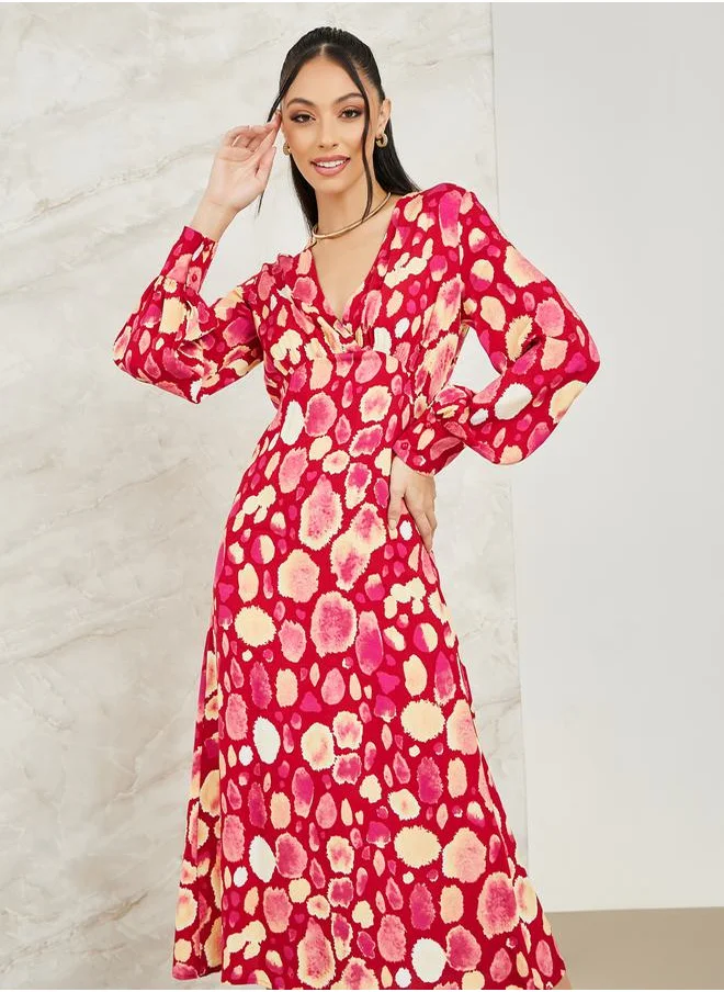 Styli Abstract Print V Neck Midi Dress with Long Sleeve